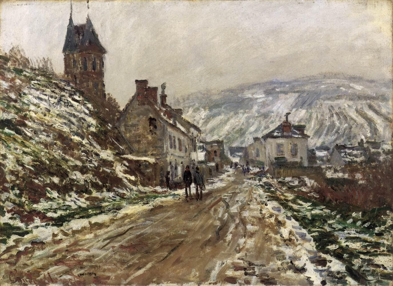 Two figures walk up a muddy, half-thawed road into a village of stuccoed houses below a stone church tower, with a snowy hillside beyond — Claude Monet, Road into Vétheuil in Winter, 1879
