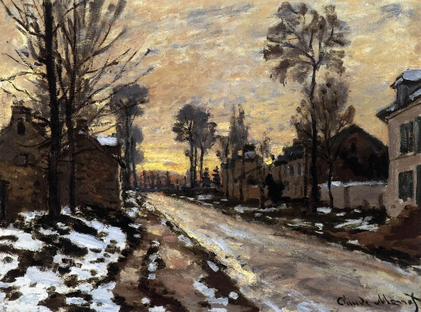 A muddy village road with patches of melting snow runs between stone houses and bare trees toward a golden sunset sky — Claude Monet, Road to Louveciennes, Melting Snow, Sunset, 1869–70