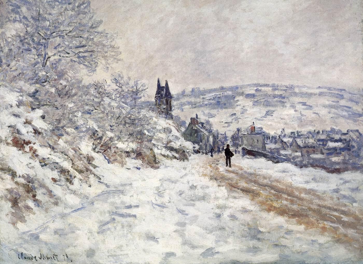 A lone dark figure walks down a snow-covered road toward a village and its pinnacled church tower, below a snowy bank and a pale winter sky — Claude Monet, Road to Vétheuil, Snow Effect, 1879
