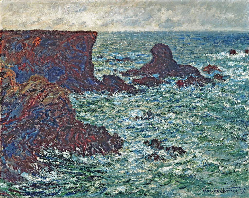 A dark red and blue cliff juts into a foaming green sea at left, with a rounded lion-shaped rock offshore under a pale gray sky — Claude Monet, Rocks at Port-Coton, the Lion Rock, 1886