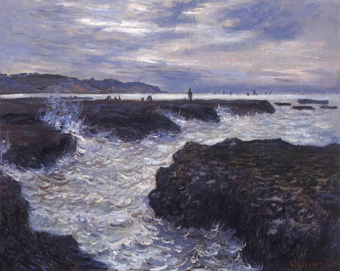 Dark weed-covered rocks rise from churning white surf at low tide, with tiny figures on the reef under a streaked silver-gray sky — Claude Monet, The Rocks at Pourville, Low Tide, 1882