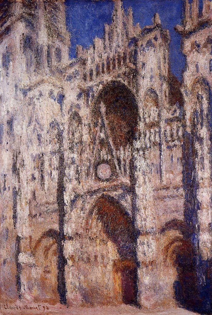 The Gothic portal of Rouen Cathedral in hard sun, white and pink stone striped with deep blue shadows under an ultramarine sky — Claude Monet, Rouen Cathedral, 1893–94