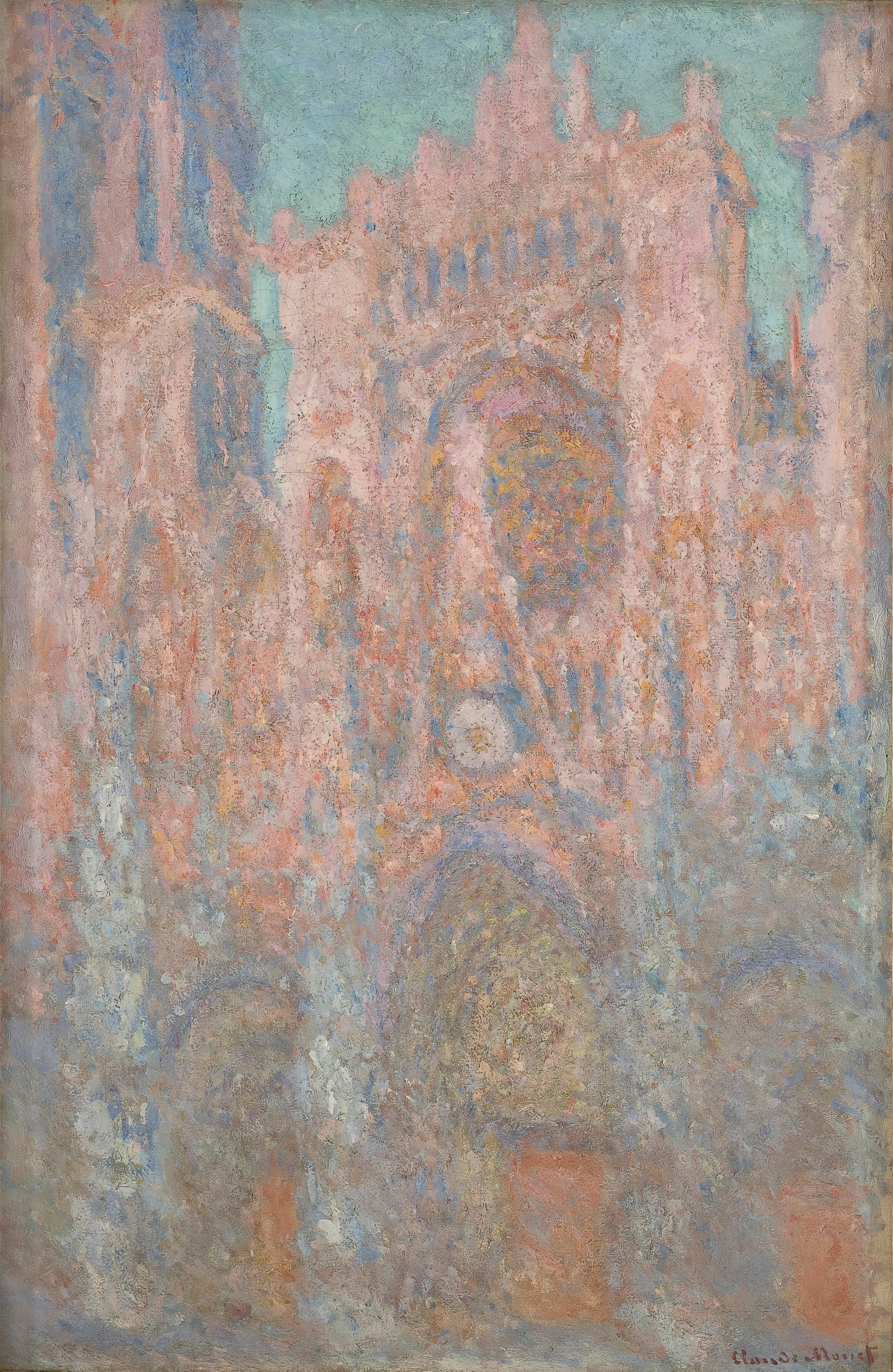 The Gothic façade of Rouen Cathedral in rose and pink tones against a pale turquoise sky, the portals in soft lilac shadow — Claude Monet, Rouen Cathedral, 1892–94
