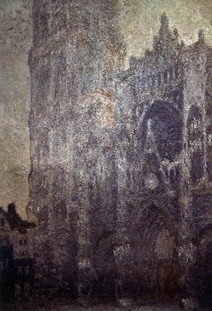 The Gothic west portal and a massive square tower of Rouen Cathedral dissolve into pale whites, lilacs and blue-greys in hazy morning light — Claude Monet, Rouen Cathedral, Effects of Morning Light, 1893