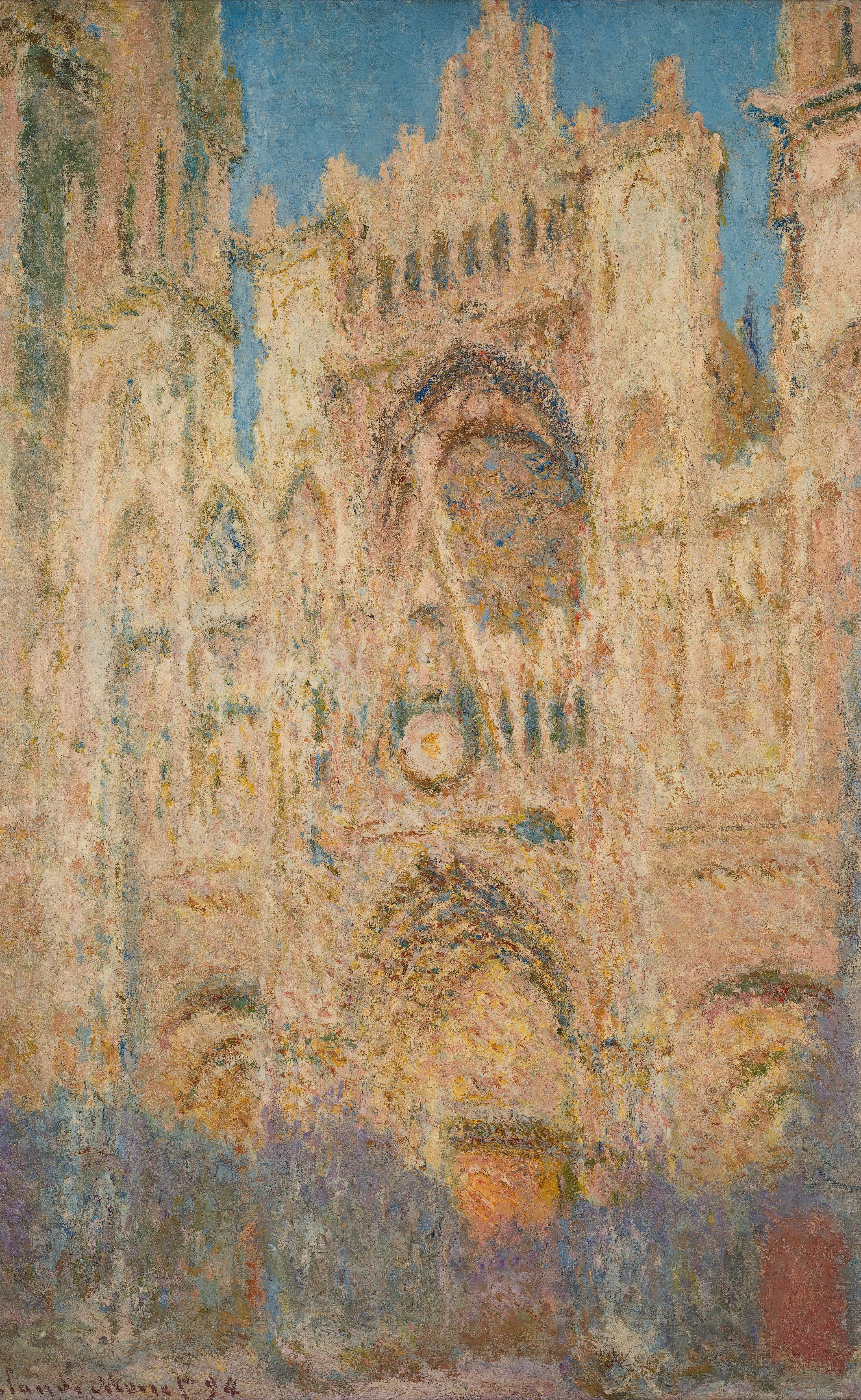 The west portal of a Gothic cathedral glows apricot and pink against a deep blue sky, its lower doorways sinking into violet shadow — Claude Monet, Rouen Cathedral, Evening, 1894