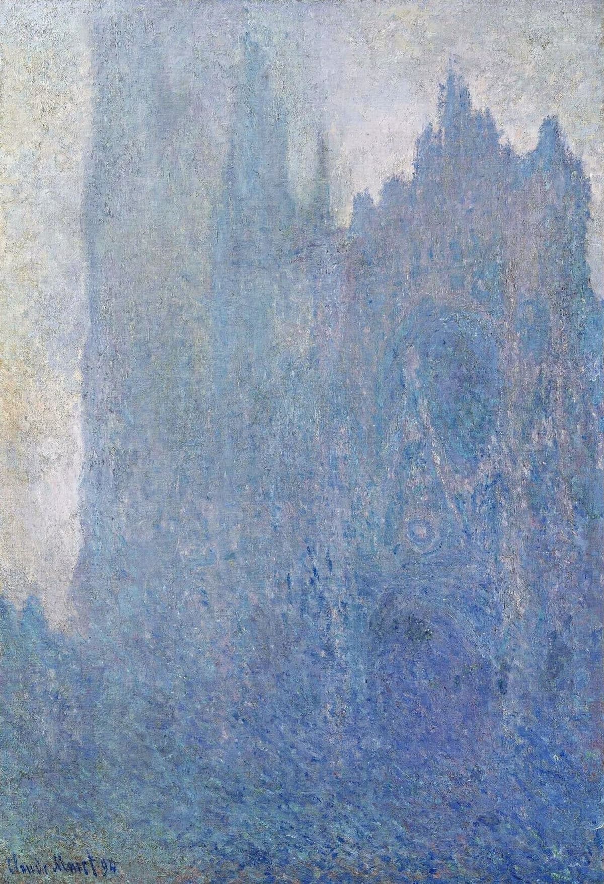 The tower and gabled façade of Rouen Cathedral seen at an angle, almost dissolved in blue and lavender fog against a pale sky — Claude Monet, Rouen Cathedral, Fog, 1893–94
