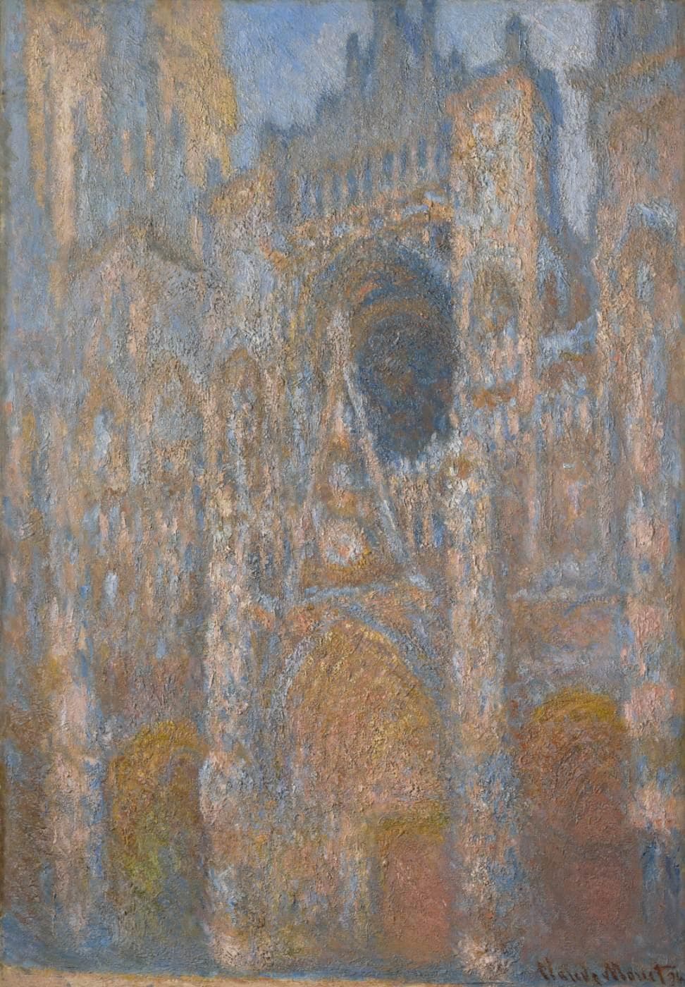 The Gothic portal of Rouen Cathedral glows in soft rose, apricot and pale blue light, with a dark rose window and hazy blue sky above — Claude Monet, Rouen Cathedral in Sunlight, 1892–94