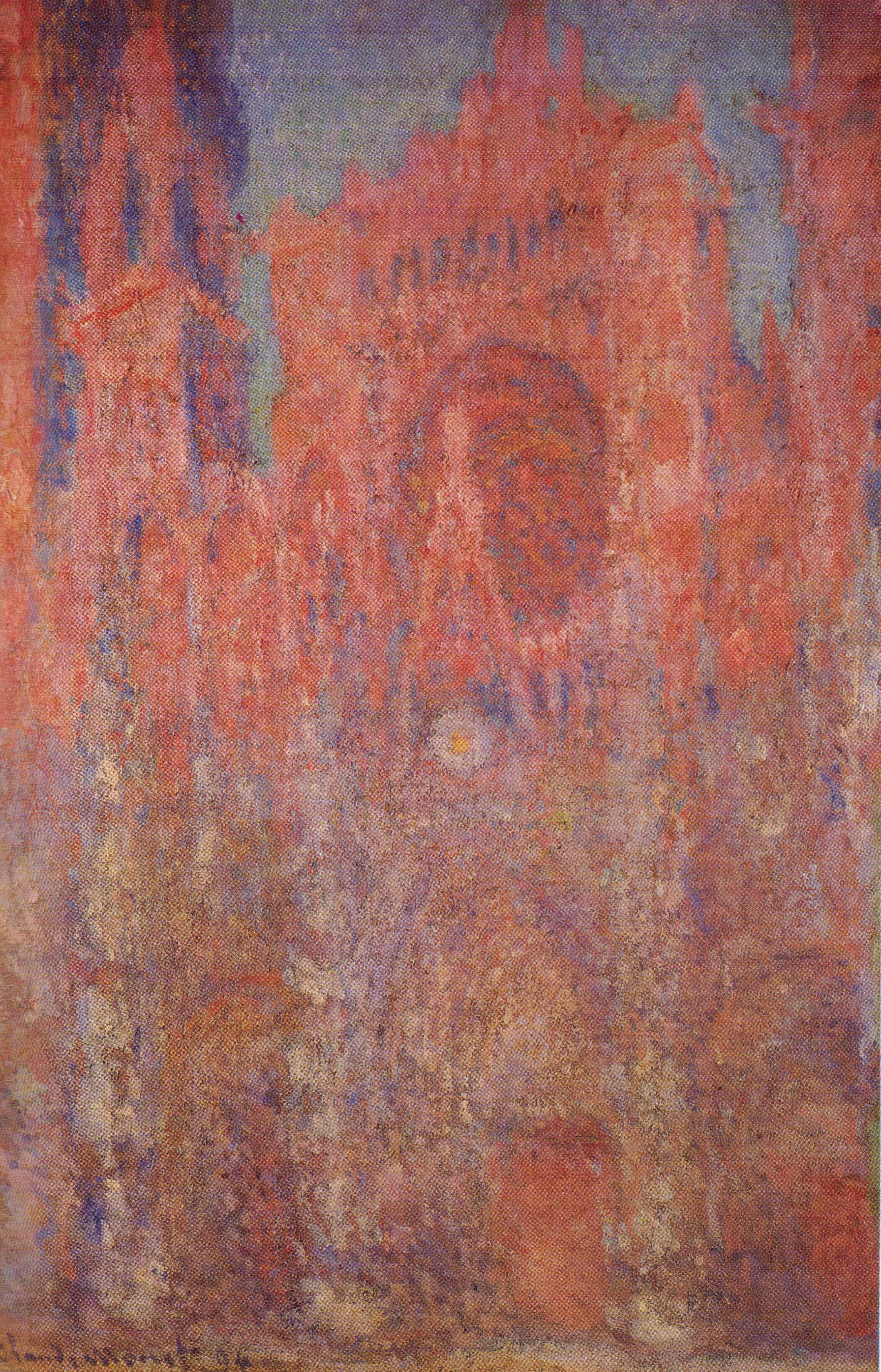 The Gothic façade of Rouen Cathedral saturated in red, coral and rose with violet shadows under a gray-blue sky — Claude Monet, Rouen Cathedral, Portal, 1892–94