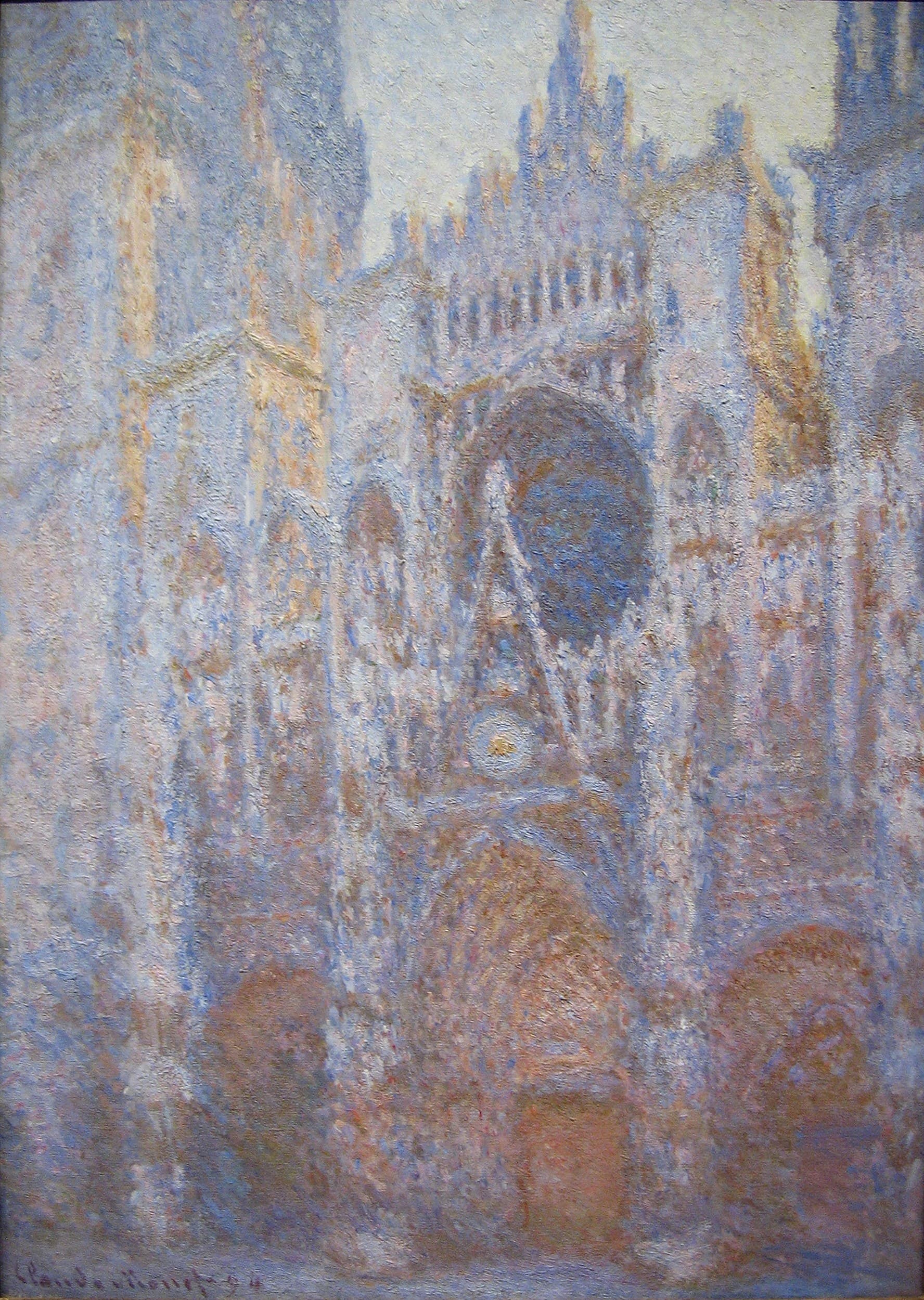 The Gothic façade of Rouen Cathedral in soft lilac, white and pale blue, with gold light on the tower at left and rust-colored doors — Claude Monet, Rouen Cathedral, West Façade, 1893–94
