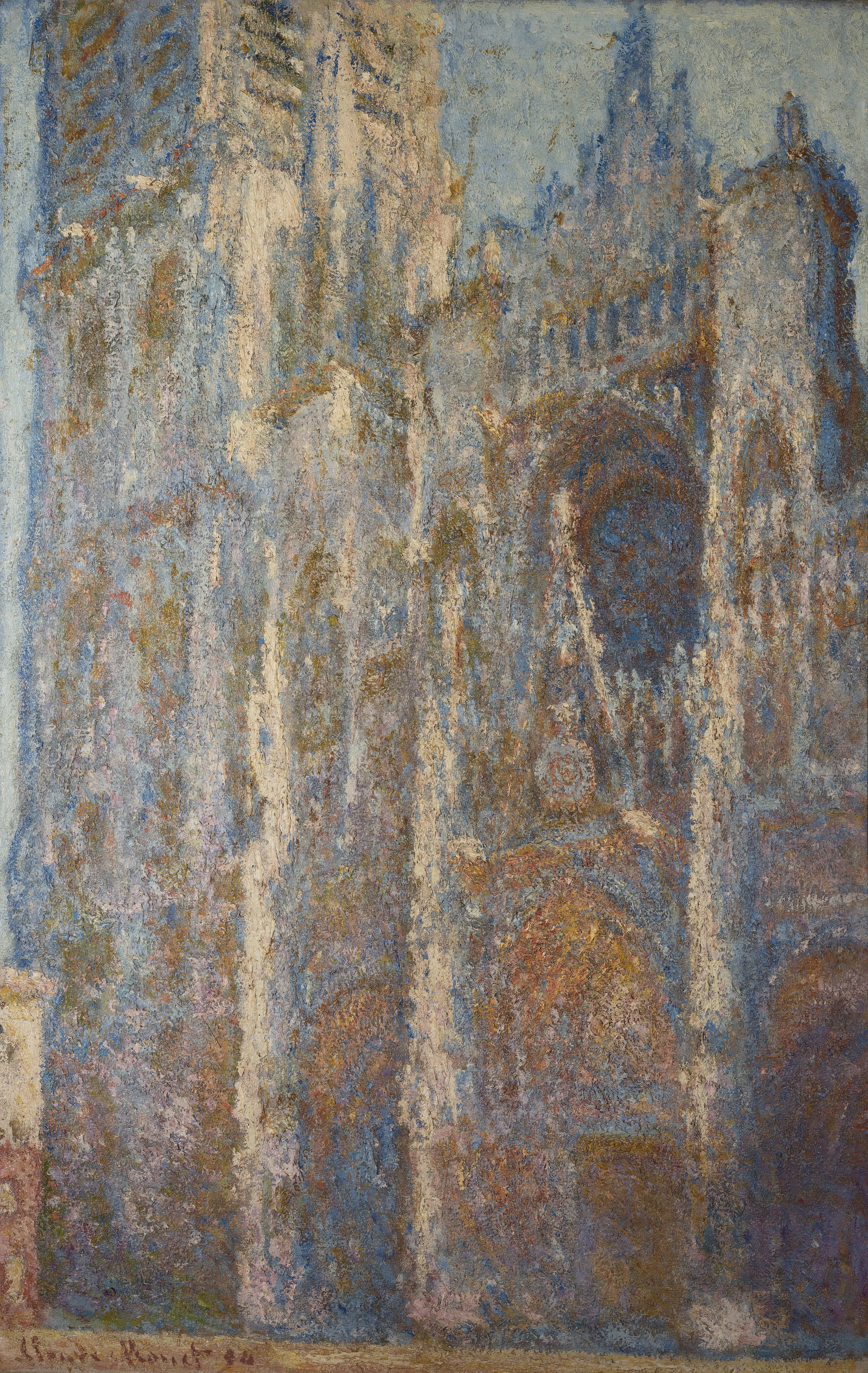 The Gothic west front and square north tower of Rouen Cathedral fill a tall canvas, painted in pale blue, cream and pink under flat midday light — Claude Monet, Rouen Cathedral, Portal and Tower d'Albane, Midday, 1893–94