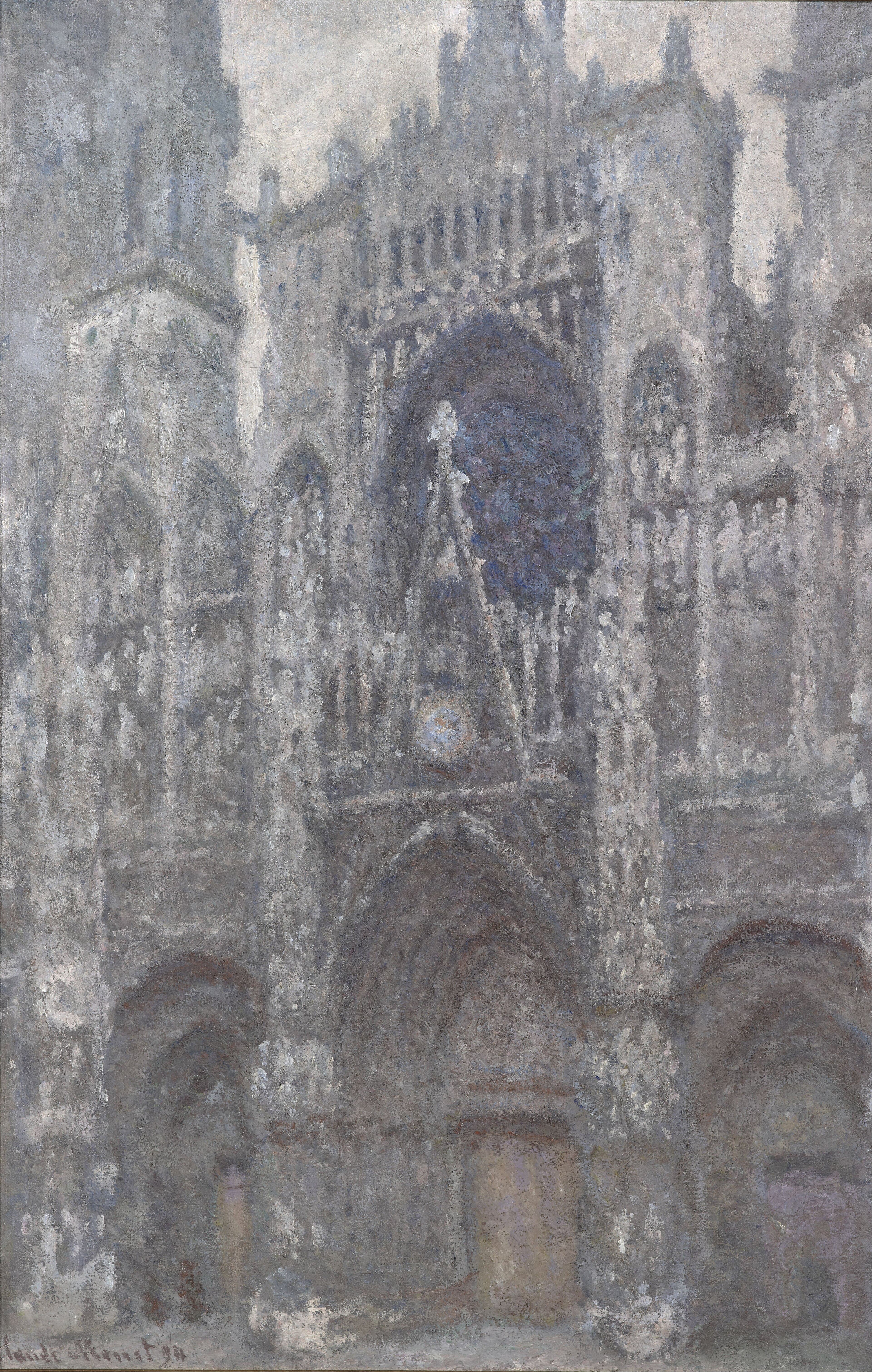 The Gothic façade of Rouen Cathedral in silvery gray, mauve and pale blue under an overcast sky, a dark violet rose window above the central portal — Claude Monet, Rouen Cathedral, the Portal, Grey Weather, 1892–94