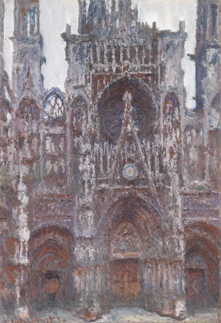 The Gothic façade of Rouen Cathedral seen straight on in somber browns, grays and violet under a pale gray sky, its rose window a dark circle — Claude Monet, Rouen Cathedral, the Portal, Front View, 1892–94