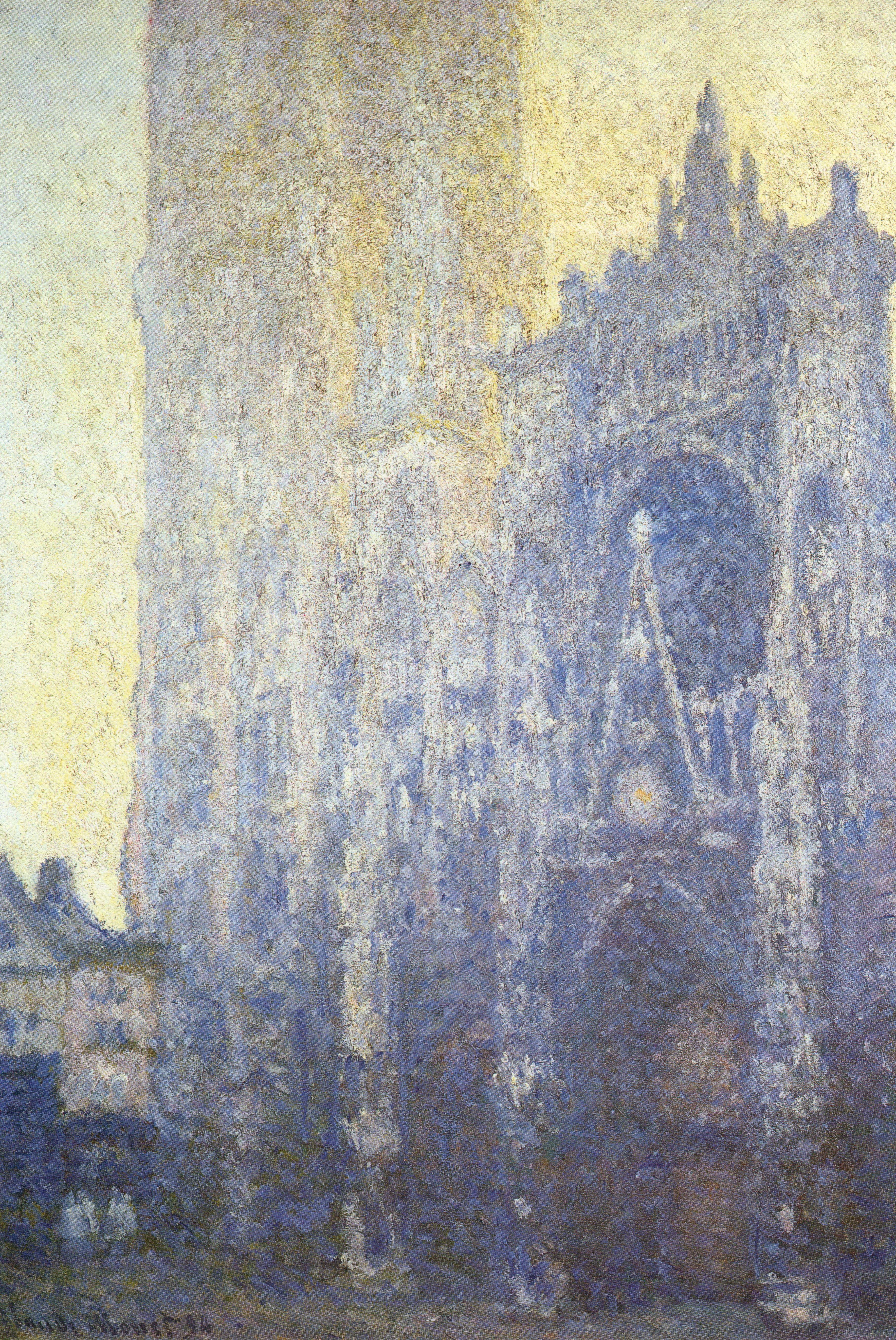 The tower and gabled façade of Rouen Cathedral seen at an angle in shimmering blue and white shade against a pale yellow morning sky — Claude Monet, Rouen Cathedral, the Portal, Morning Effect, 1893–94