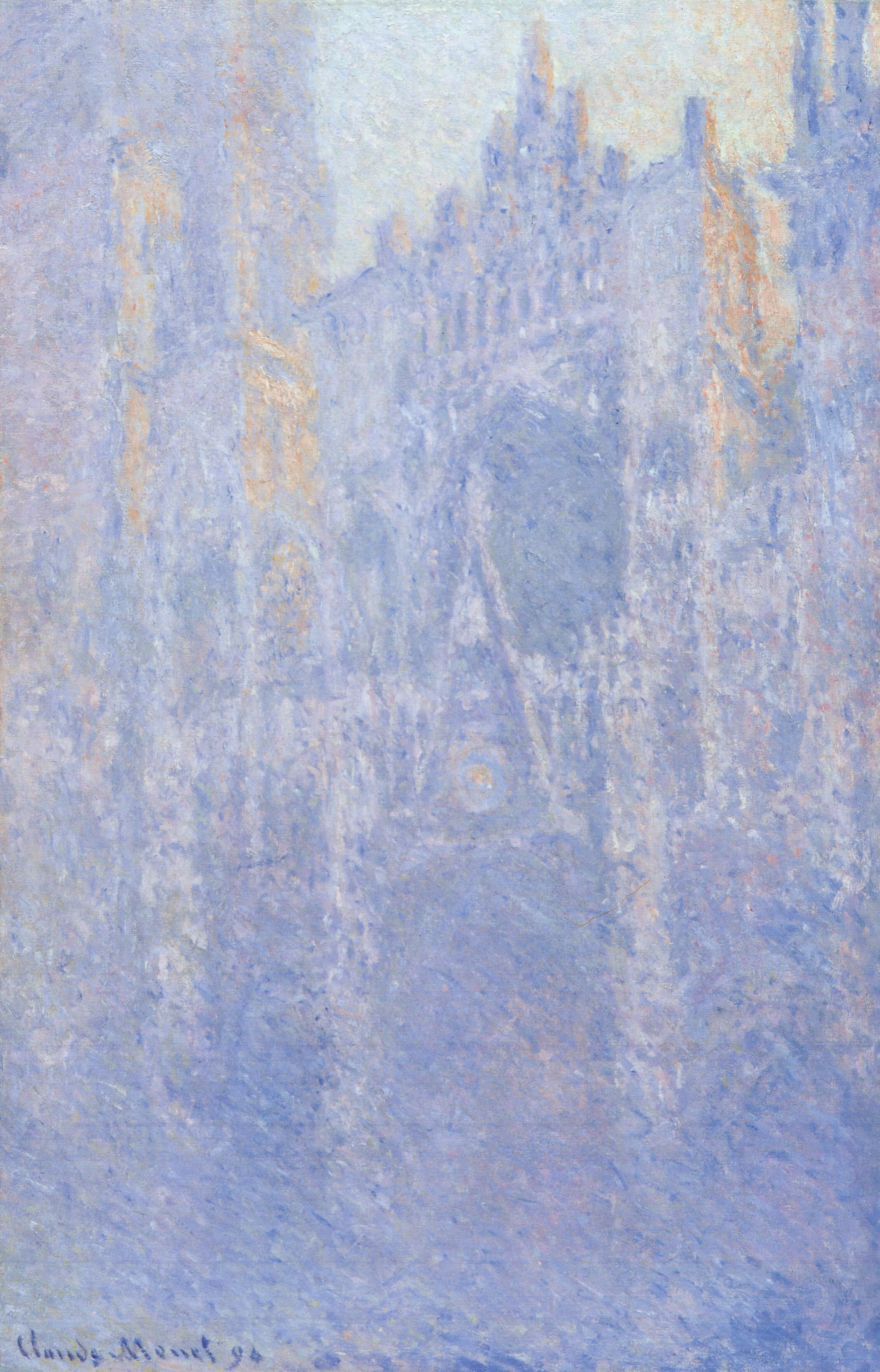 The Gothic façade of Rouen Cathedral dissolves into pale lilac and blue fog, with faint peach light on the edges of the towers — Claude Monet, The Portal, Morning Fog, 1893–94