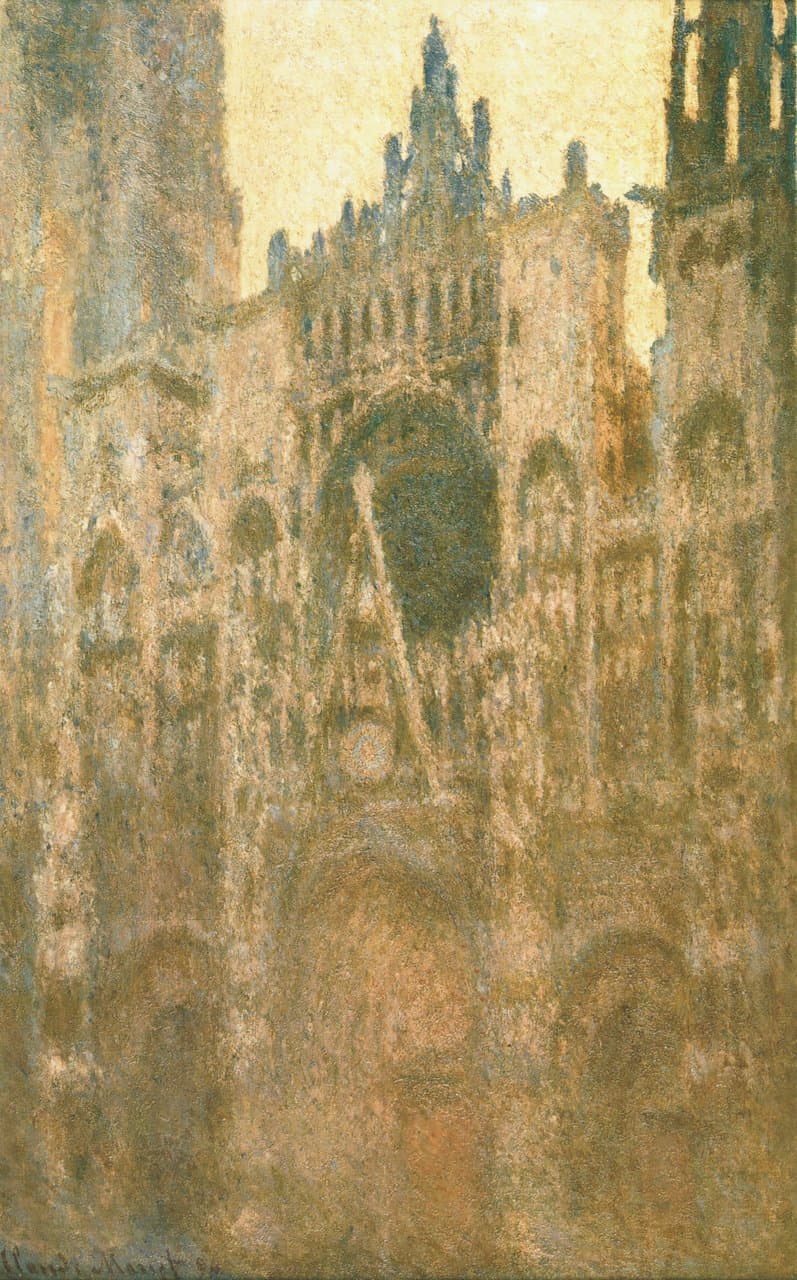 The Gothic façade of Rouen Cathedral in soft pink, peach and ocher morning light under a pale yellow sky, its rose window a dark oval — Claude Monet, Rouen Cathedral in the Morning, 1893–94