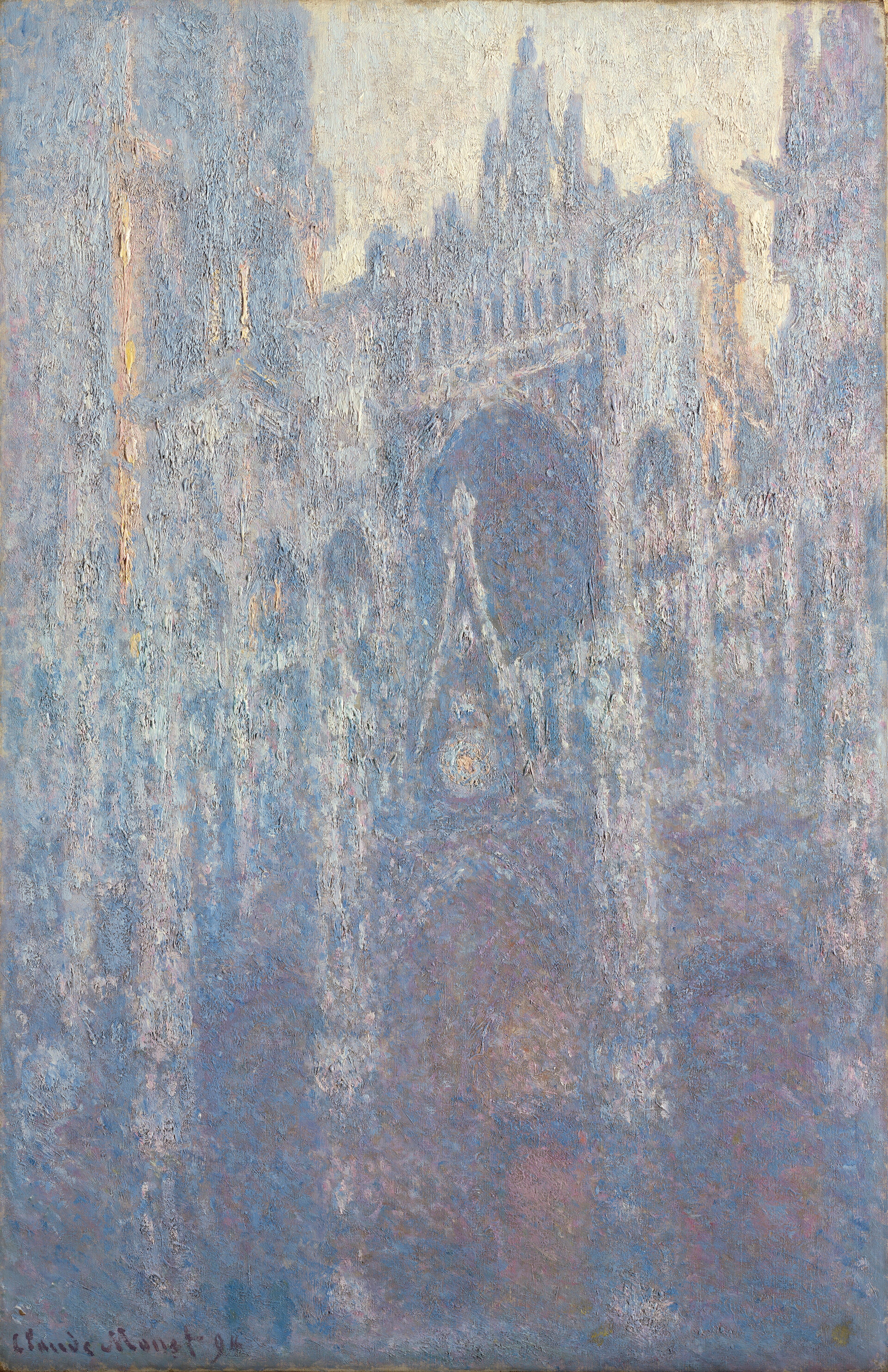 The Gothic façade of Rouen Cathedral in purplish-blue morning shadow, with thin slivers of pink light on the towers and a pale sky — Claude Monet, The Portal of Rouen Cathedral in Morning Light, 1894