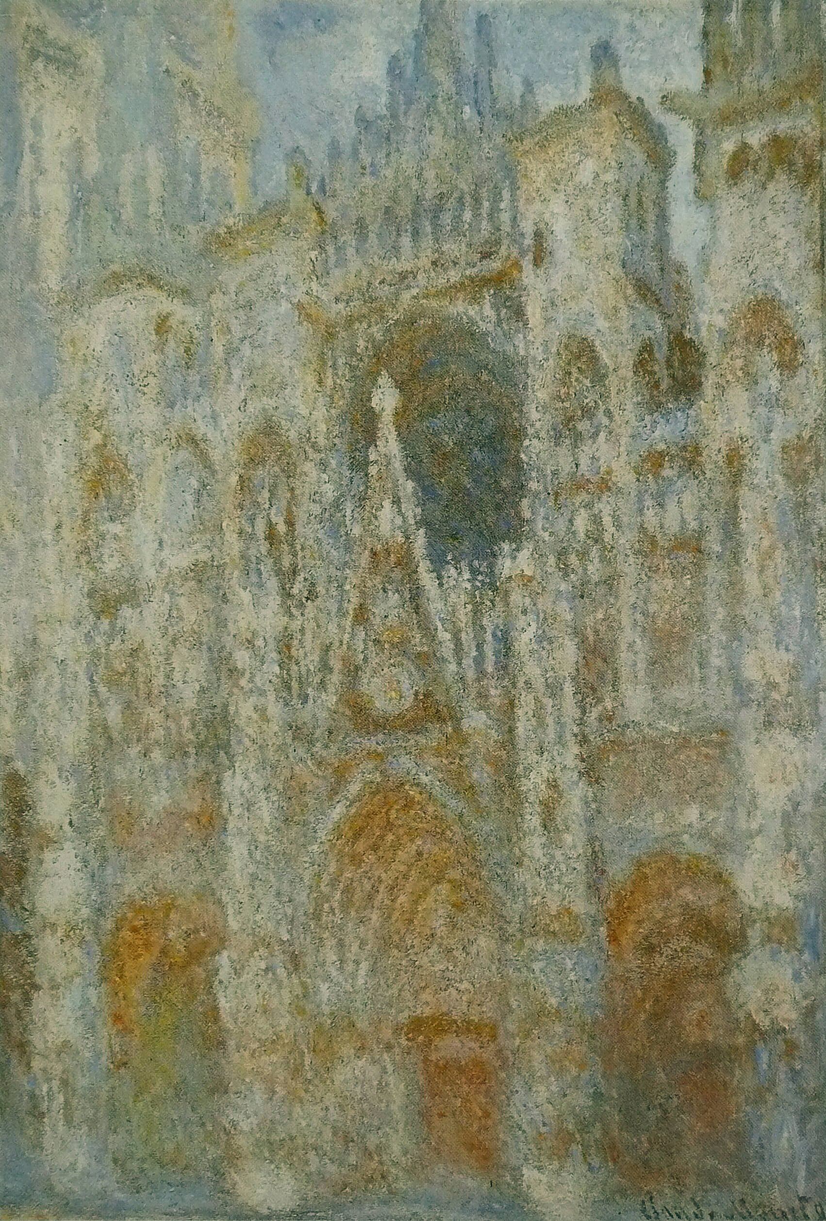The Gothic portal of Rouen Cathedral in pale blue and cream shadow with touches of ocher, its three doorways glowing orange at the bottom — Claude Monet, Rouen Cathedral, the Portal, Morning Sun, 1893