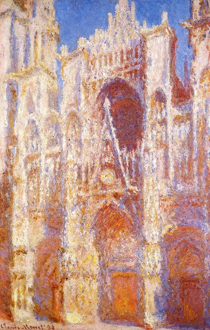 The Gothic façade of Rouen Cathedral bleached white and cream by afternoon sun, its portals glowing orange and red, under a deep blue sky — Claude Monet, Rouen Cathedral, Portal, Sunlight, 1892–94