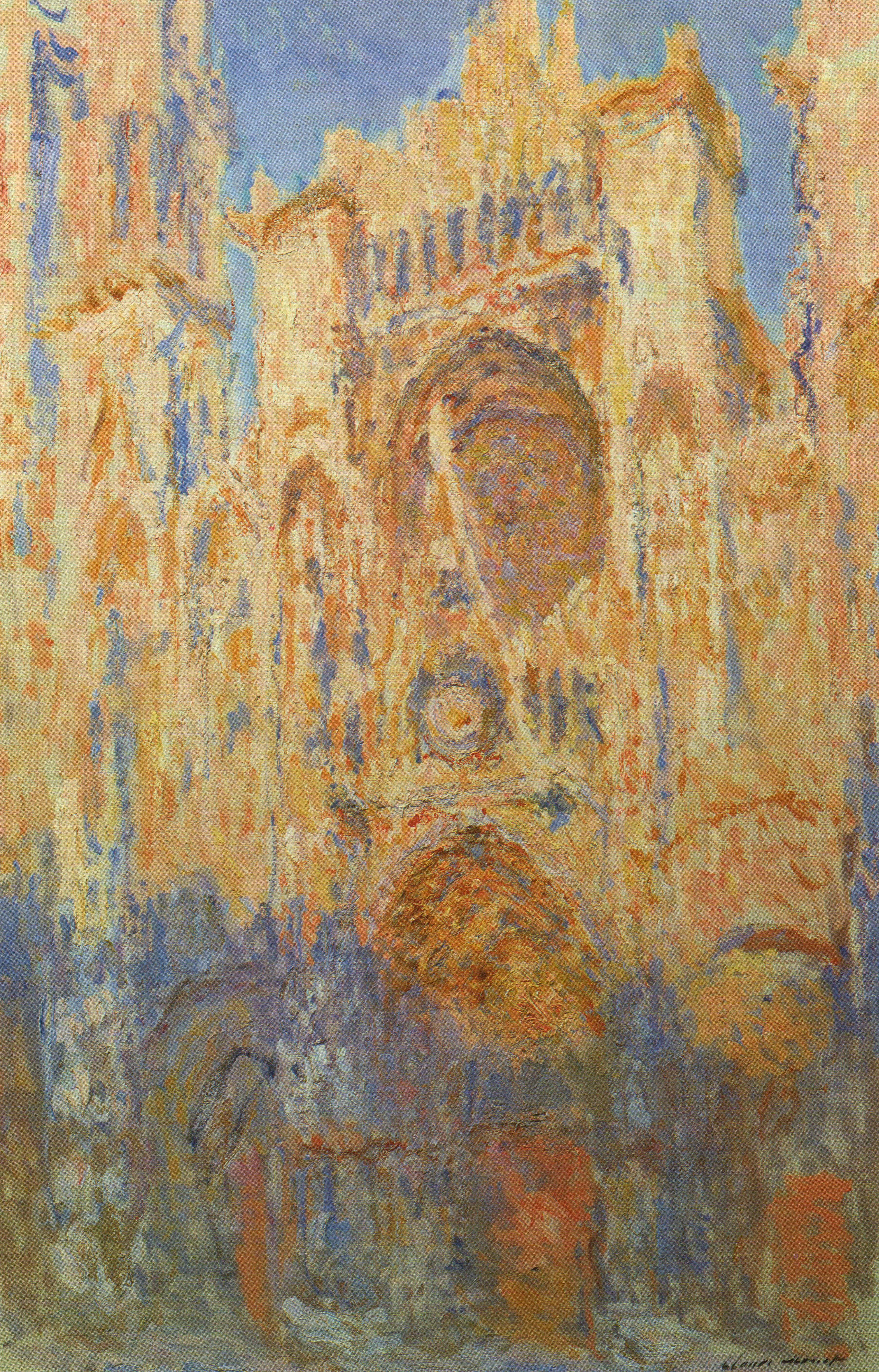 The upper façade of Rouen Cathedral glows orange and gold against a blue sky while the portals below fall into blue and violet shadow — Claude Monet, Rouen Cathedral, Sunlight Effect, End of the Day, 1892