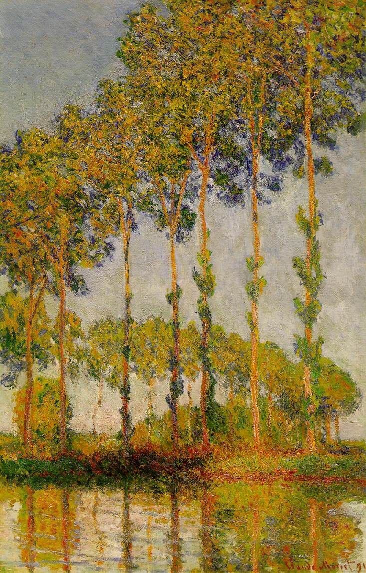 A tall row of poplars with sunlit orange trunks and gold crowns rises against a soft gray sky, reflected in the river below — Claude Monet, Row of Poplars in Autumn, 1891
