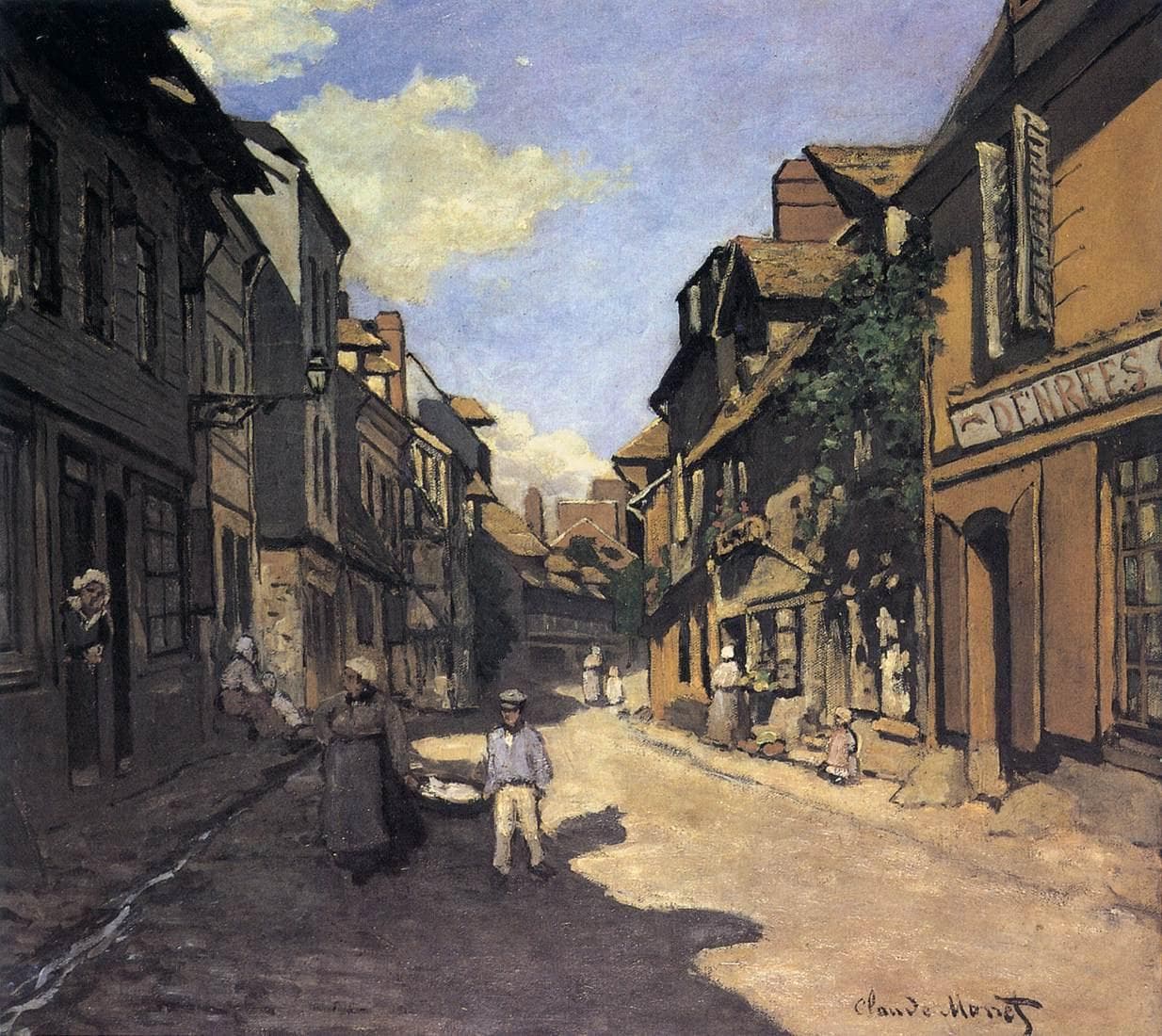 A sunlit cobbled street in old Honfleur, half in deep shadow, with a woman and boy carrying a basket past a grocer's shop and a vine-covered timbered house — Claude Monet, Rue de la Bavolle, Honfleur, 1864