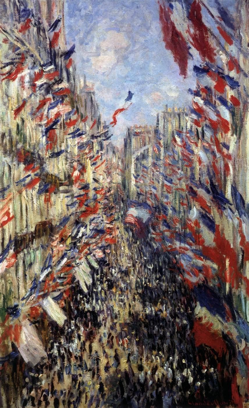 A narrow Paris street seen from above, packed with a crowd and hung with fluttering blue, white and red flags — Claude Monet, Rue Montorgueil in Paris, Celebration of 30 June 1878