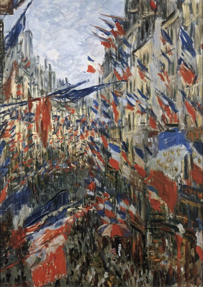 A narrow Paris street seen from above is crowded with fluttering red, white and blue flags hanging from every window over a dense crowd below — Claude Monet, Rue Saint-Denis, Celebration of 30 June 1878