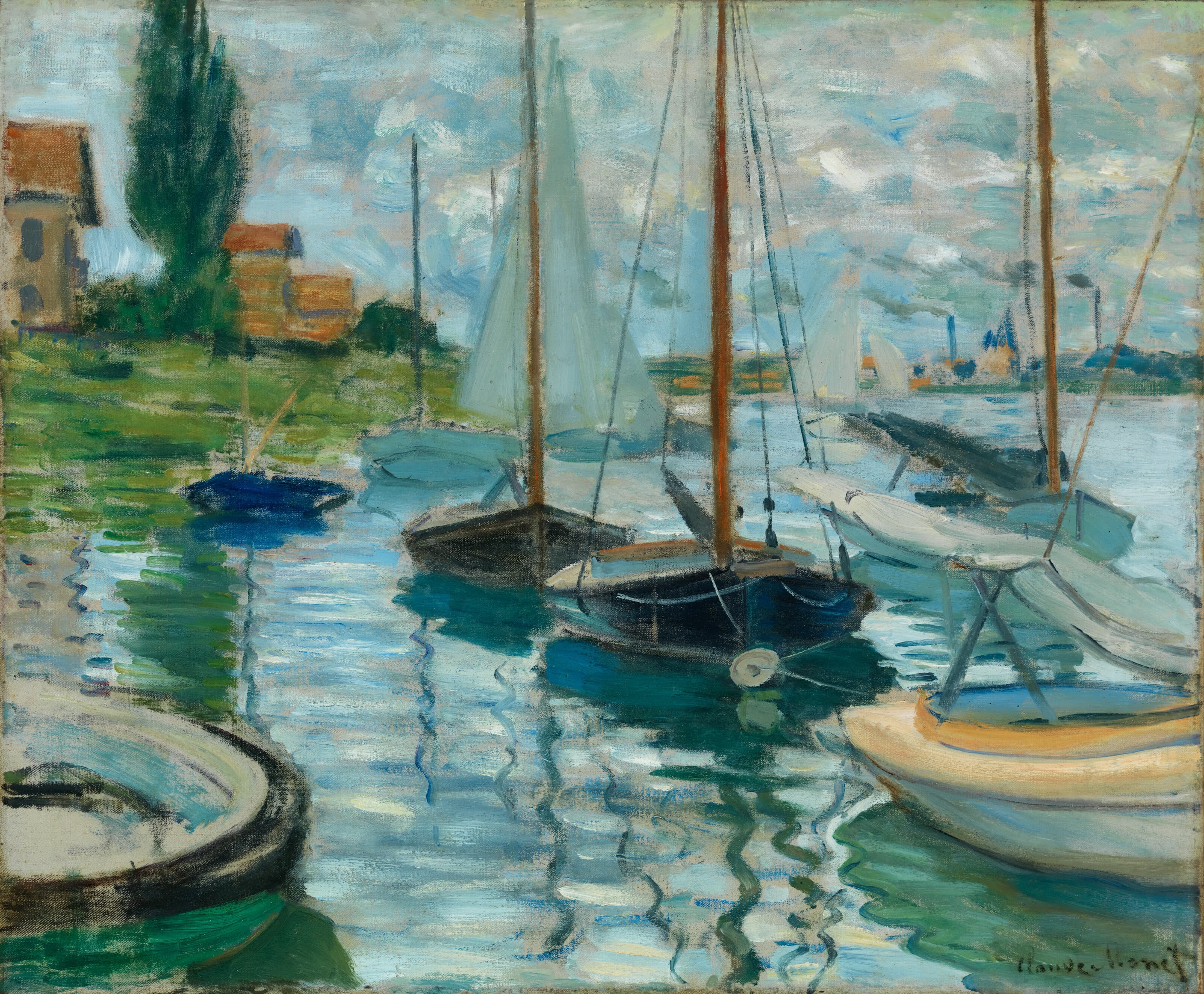 Sailboats with tall orange-brown masts moored close together, their reflections wavering in blue-green water, a house and tree on the far bank — Claude Monet, Sailboats on the Seine at Petit-Gennevilliers, 1874