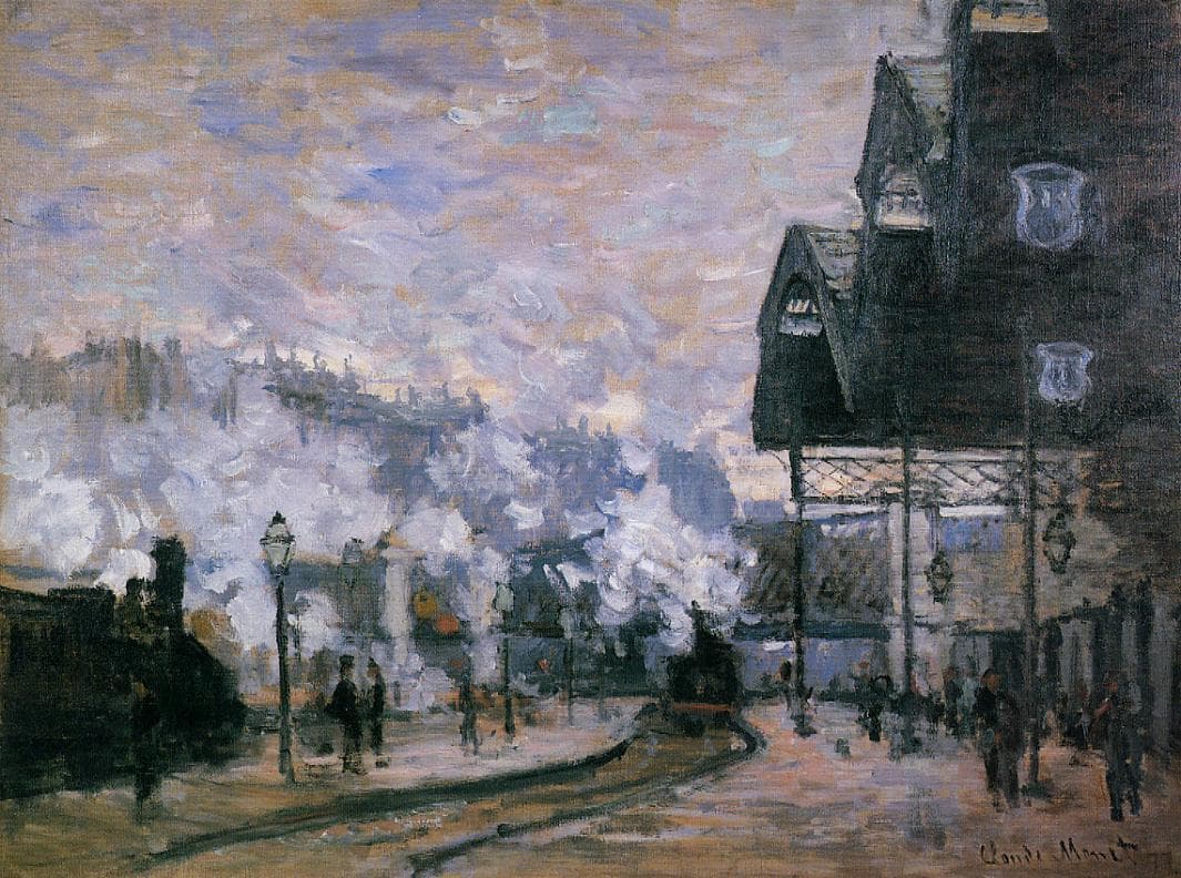 A curving track leads to a locomotive in clouds of steam, gas lamps at left and a tall dark gabled railway building with shield signs at right — Claude Monet, Saint-Lazare Station, the Western Region Goods Sheds, 1877