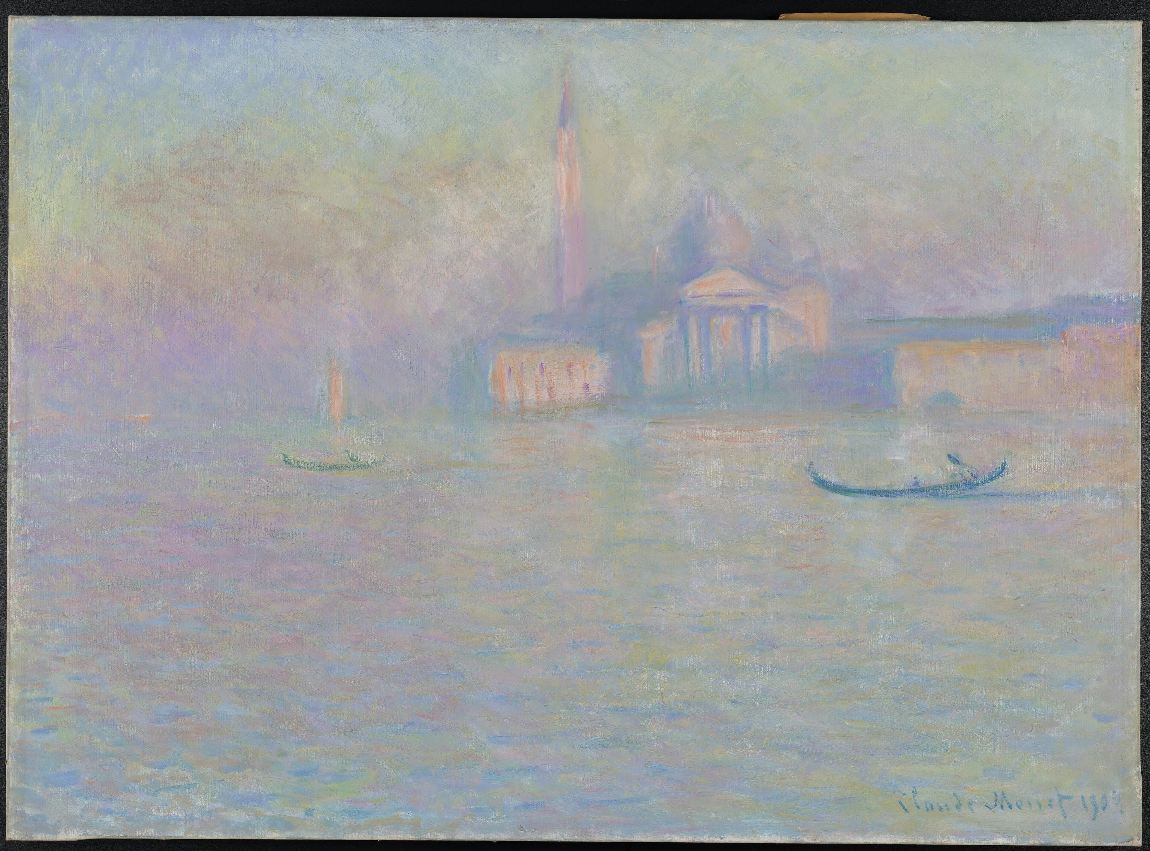A white columned church with a dome and tall bell tower floats in pale lilac mist across a calm lagoon with two gondolas — Claude Monet, San Giorgio Maggiore, 1908