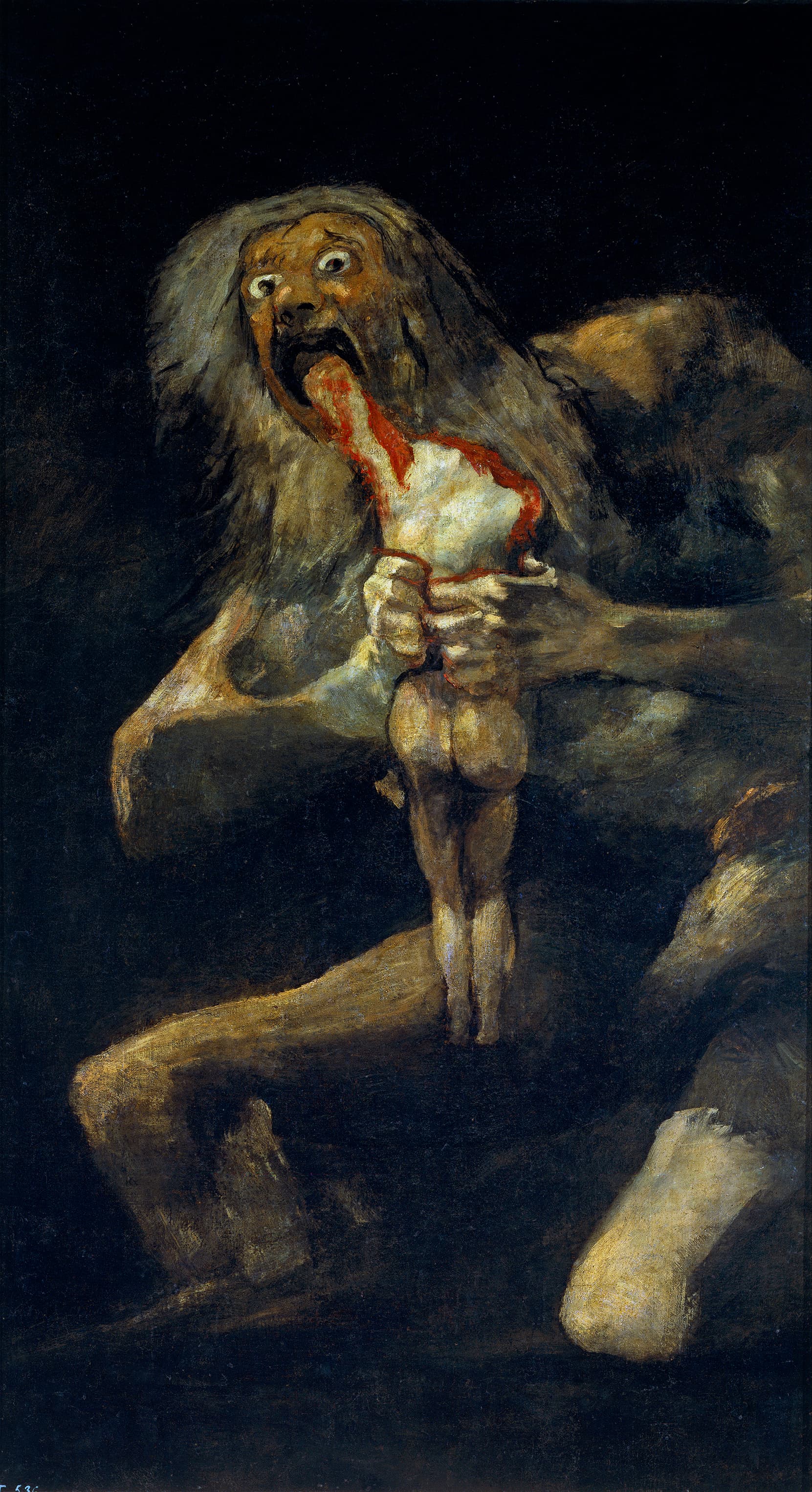 A wild-eyed gray-haired giant crouches in darkness, biting into the headless, bloodied body he clutches in both hands — Francisco Goya, Saturn Devouring His Son, c. 1819–1823