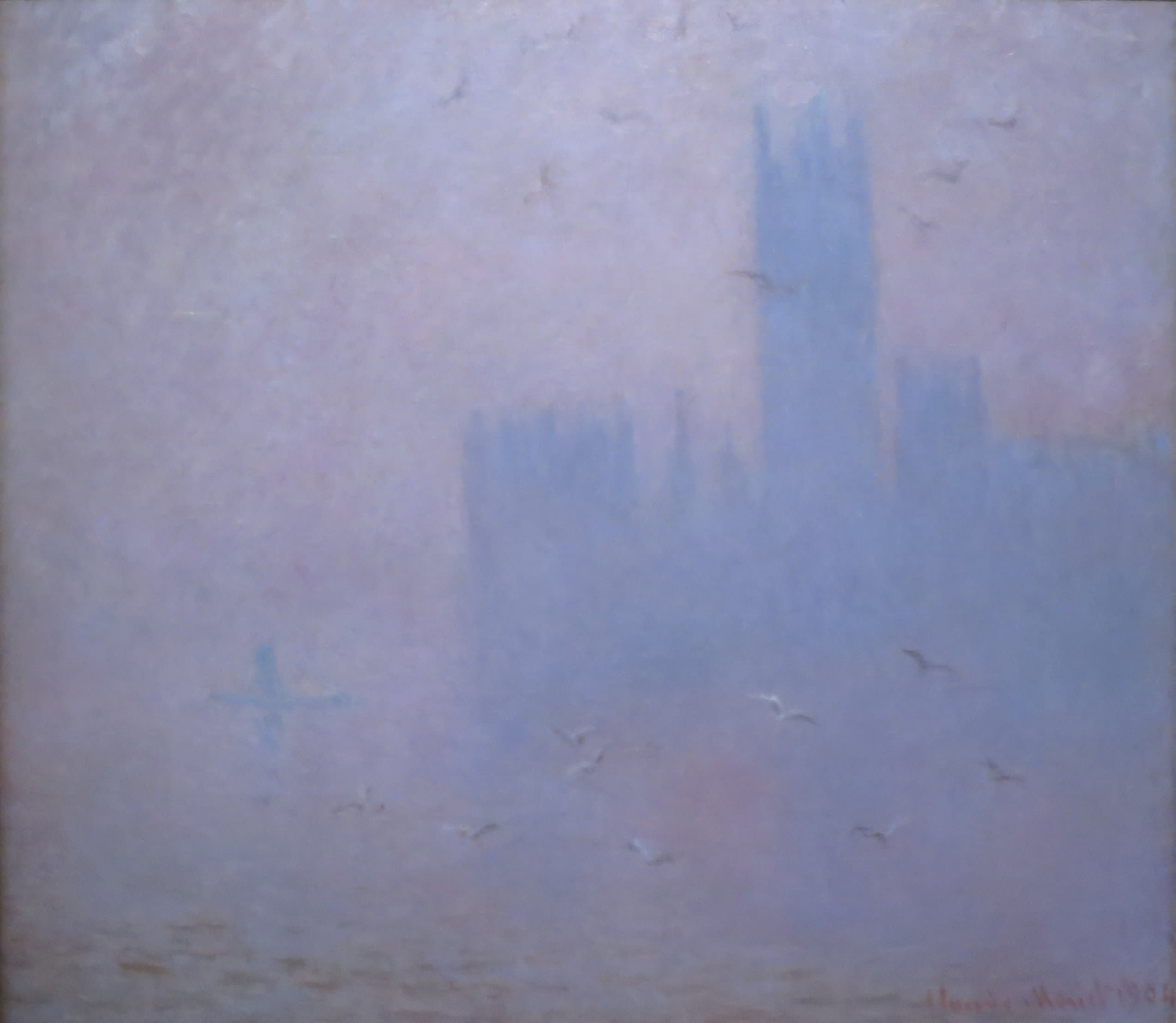 Seagulls skim the Thames in a milky lilac fog, the Houses of Parliament a faint blue shape beyond — Claude Monet, Seagulls, the River Thames and the Houses of Parliament, 1904