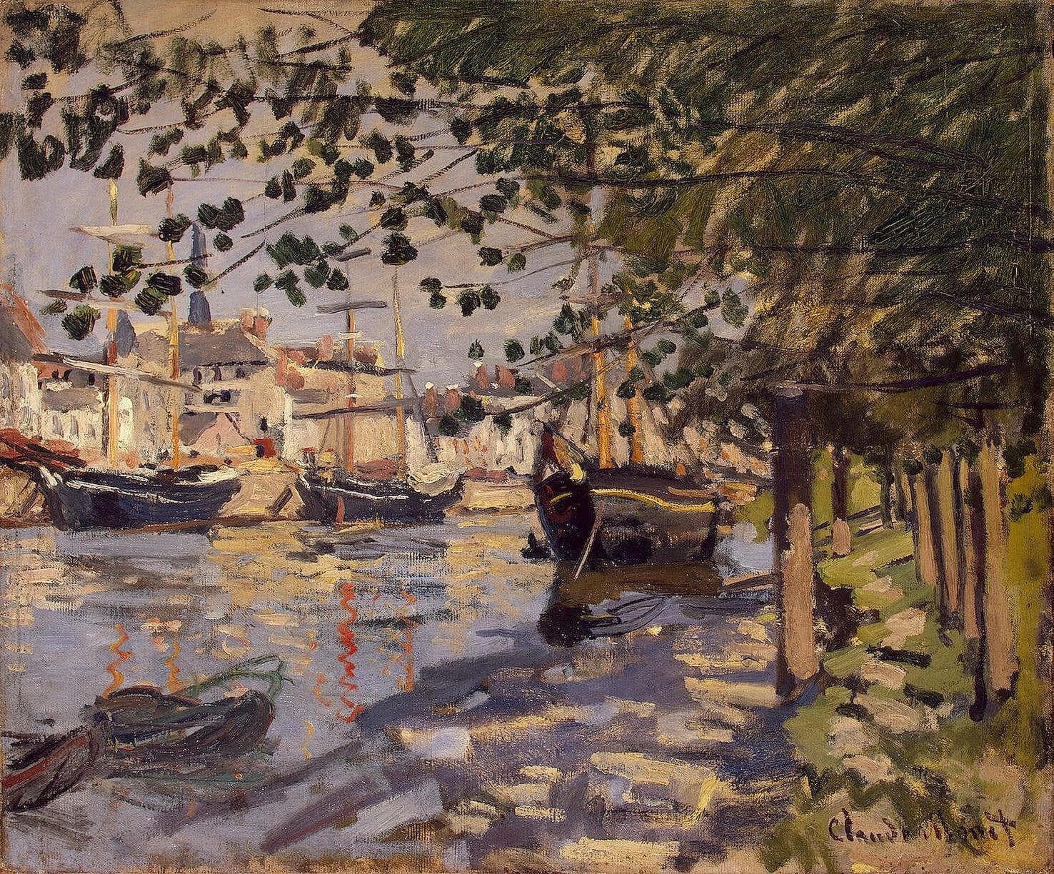 Sailing ships and a barge moored at sunlit city quays, seen through hanging tree branches from a shady riverbank — Claude Monet, The Seine at Rouen, 1872