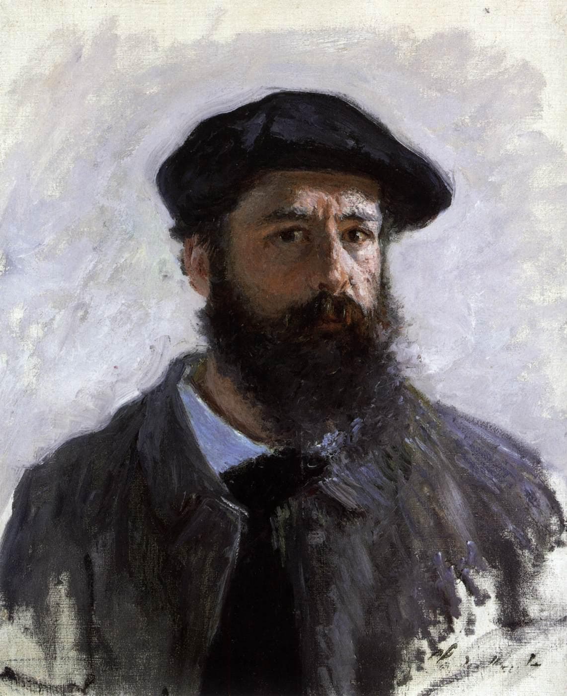 A bearded man in a black beret and dark jacket looks sideways at the viewer against a loosely brushed pale grey and lilac background — Claude Monet, Self-Portrait in Beret, 1886