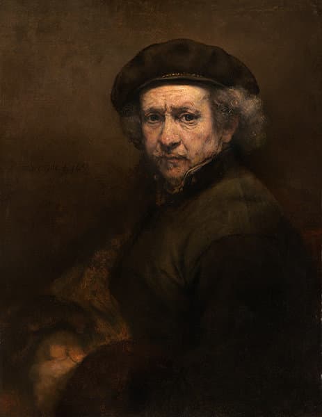 An aging man in a dark beret and brown cloak with a turned-up collar looks over his shoulder, his lit face lined and heavy-lidded against a dark background — Rembrandt, Self-portrait with Beret, 1659