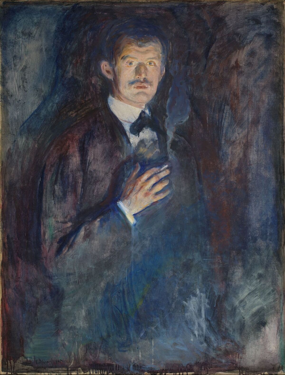 A man in a dark suit emerges from swirling blue smoke, his face lit from below and a lit cigarette held against his chest — Edvard Munch, Self-Portrait with Cigarette, 1895
