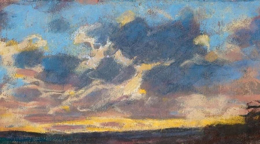 Banks of blue-grey cloud edged in gold and pink hang over a bright yellow horizon and a dark strip of land just after sunset — attributed to Claude Monet, Setting Sun (Nightfall), c. 1865