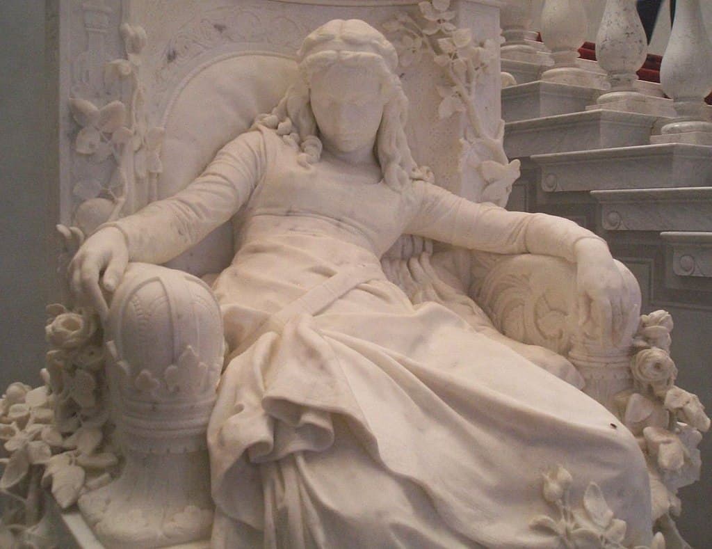 A young woman in a long gown sleeps slumped in a carved marble throne overgrown with roses, her hands resting on the armrests — Louis Sussmann-Hellborn, Sleeping Beauty (Dornröschen), 1878