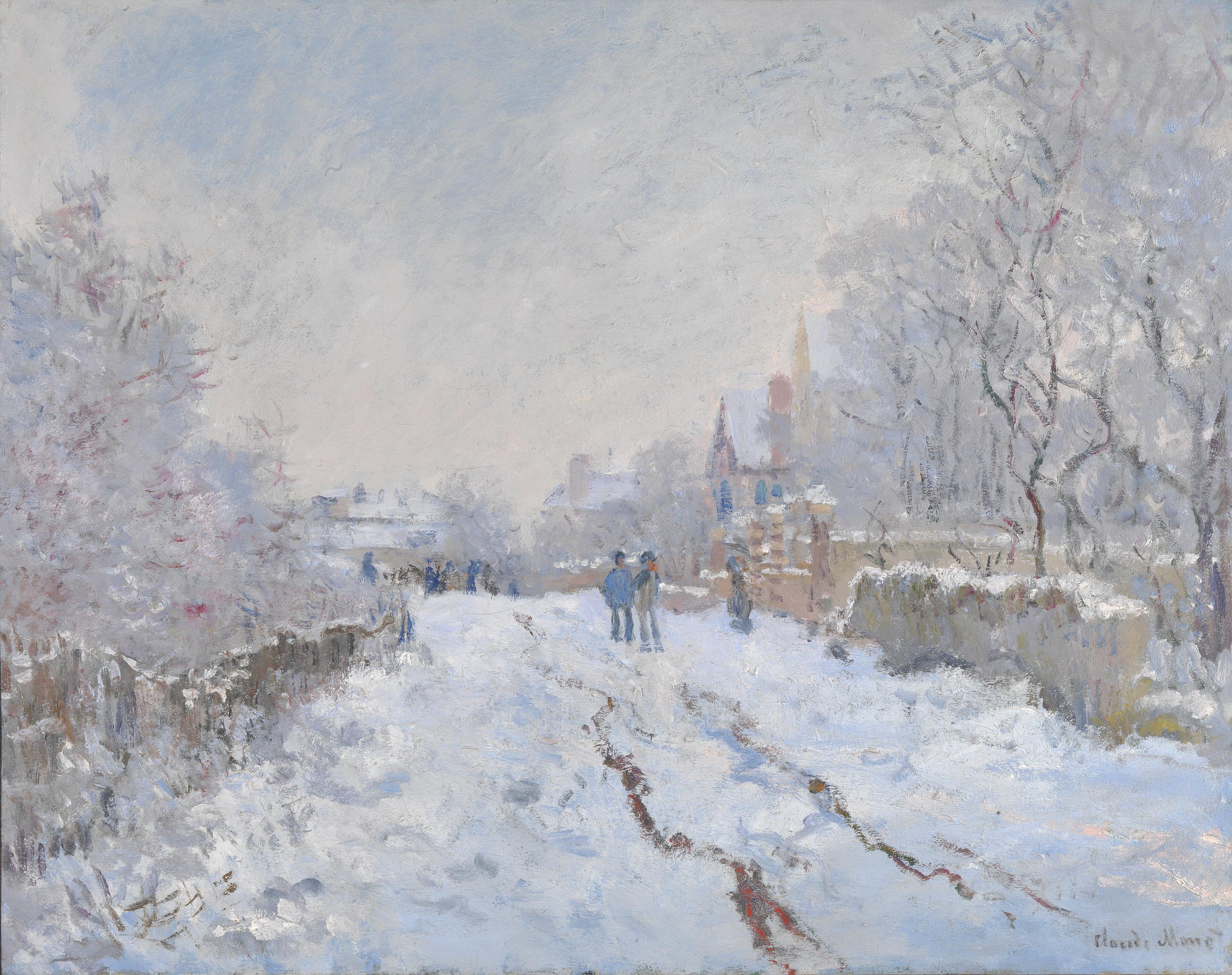 A snow-covered street with wheel ruts runs between frosted trees and fences toward small figures and a distant spire — Claude Monet, Snow Scene at Argenteuil, 1875