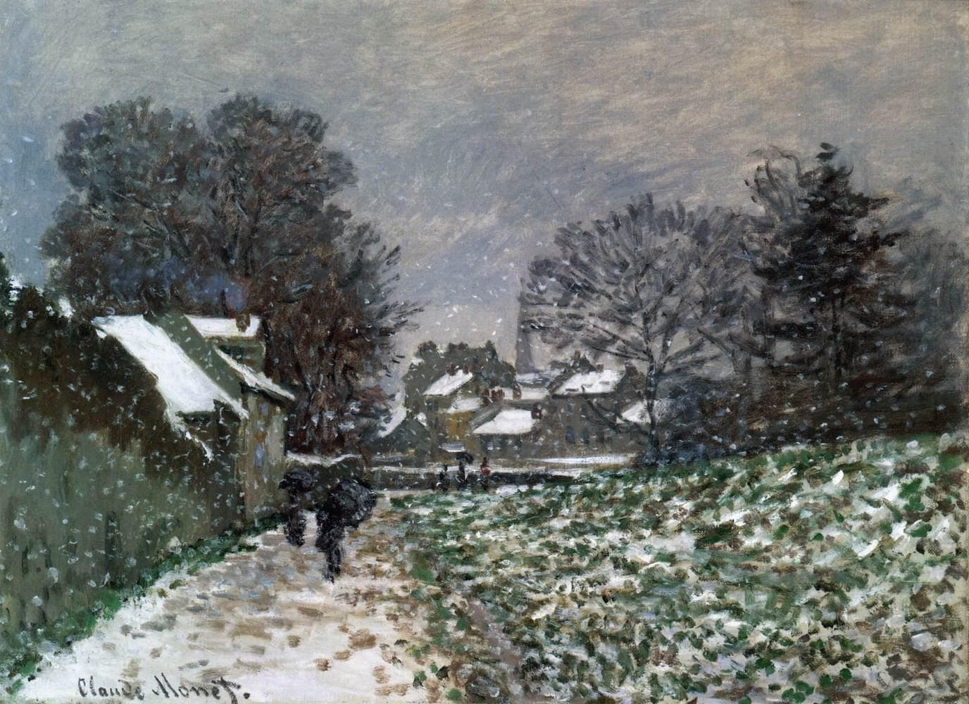 Snow falls over a slushy lane where two figures walk under an umbrella, between a snow-roofed cottage and a green field, under a grey sky — Claude Monet, Snow at Argenteuil, c. 1874