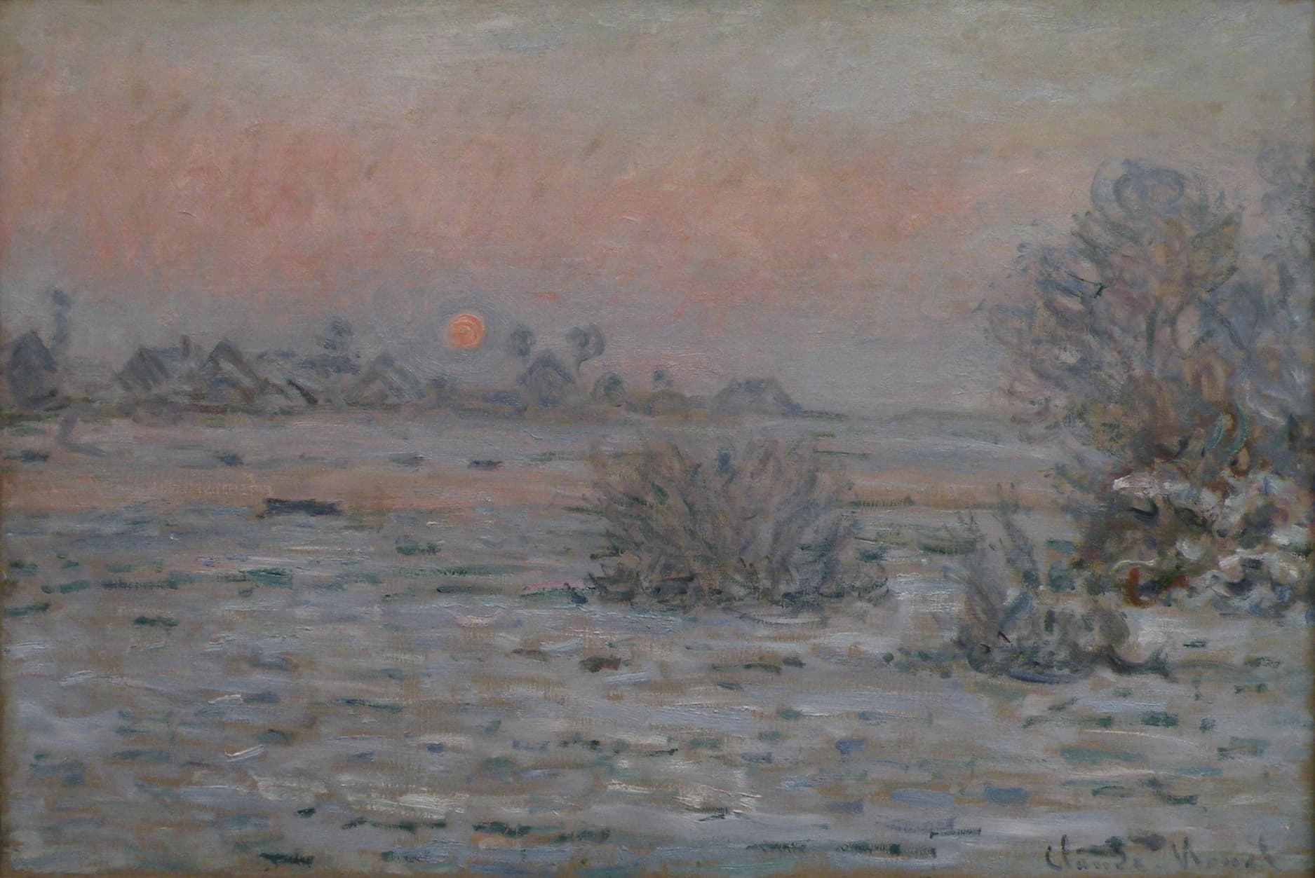 A small orange sun in a pink sky above a distant snowy village, a wide expanse of snow and frosted bushes in front — Claude Monet, Winter Sun at Lavacourt, 1879–80