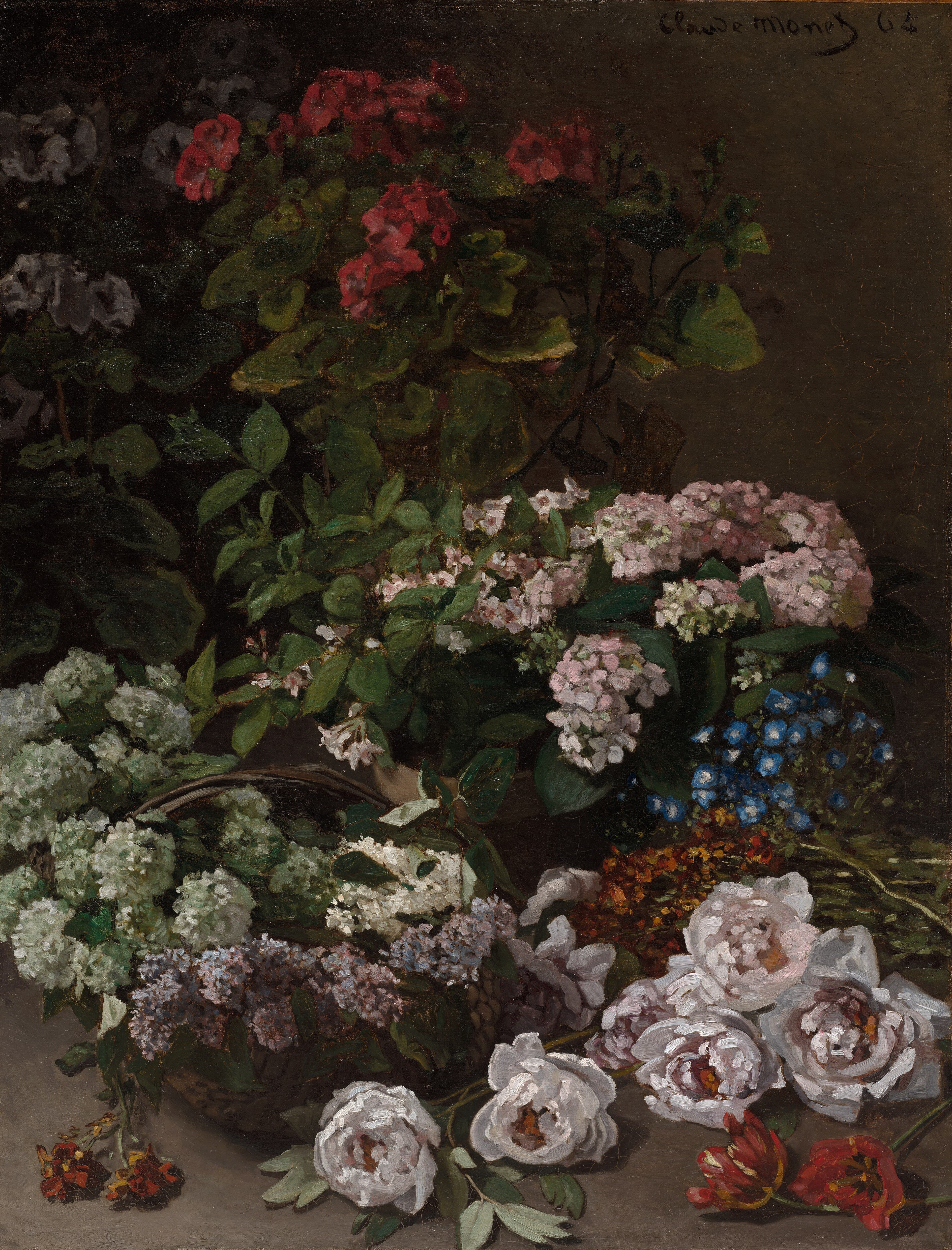 White peonies, red tulips, a basket of white guelder roses and lilac, and potted pink, blue and scarlet flowers against a dark brown background — Claude Monet, Spring Flowers, 1864