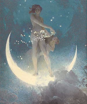 A nude young woman with red-gold hair stands on an upturned crescent moon scattering tiny stars across a deep blue-green night sky, a small child behind her — Edwin Howland Blashfield, Spring Scattering Stars, 1927