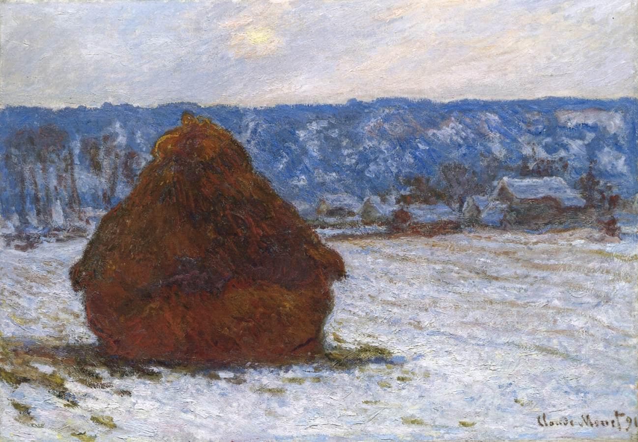A rust-red wheat stack stands in a snowy field before a blue hillside and snow-roofed farmhouses under a grey sky with a faint sun — Claude Monet, Stack of Wheat, Snow Effect, Overcast Day, 1890–91