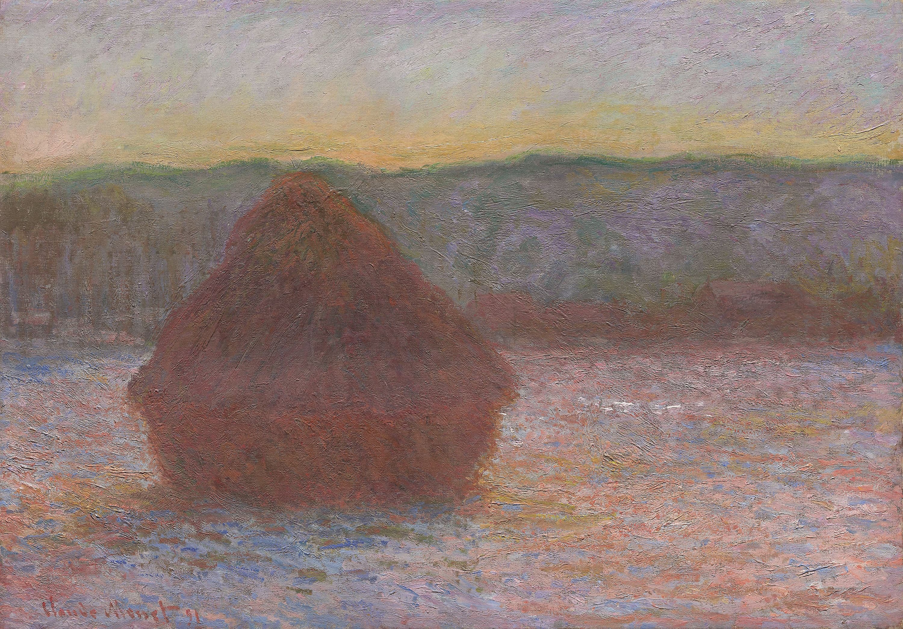 A single dark red grainstack stands in a field of melting snow before violet hills, a thin gold band of sunset on the horizon — Claude Monet, Stack of Wheat (Thaw, Sunset), 1890–91