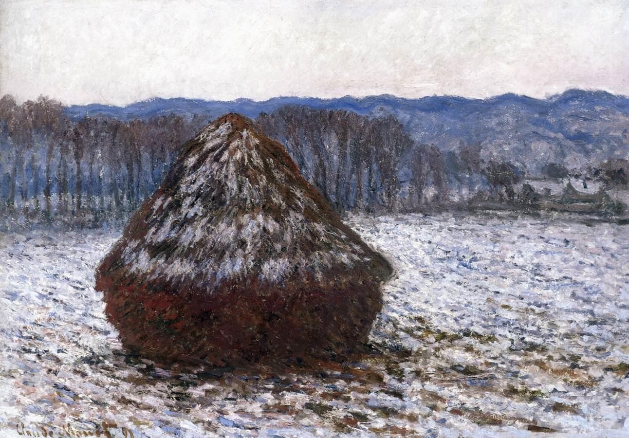 A single conical stack of wheat with a snow-streaked top stands in a frosty field before bare poplars and blue hills — Claude Monet, Stack of Wheat, 1890–91
