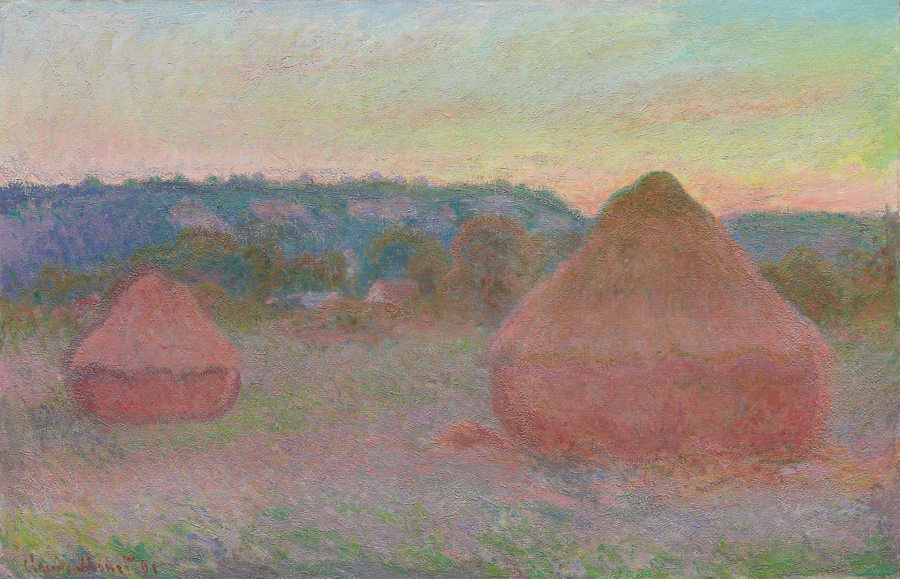Two coral-pink wheat stacks stand in a lilac field before blue hills under a sunset sky of green, apricot and pink — Claude Monet, Stacks of Wheat (End of Day, Autumn), 1890–91