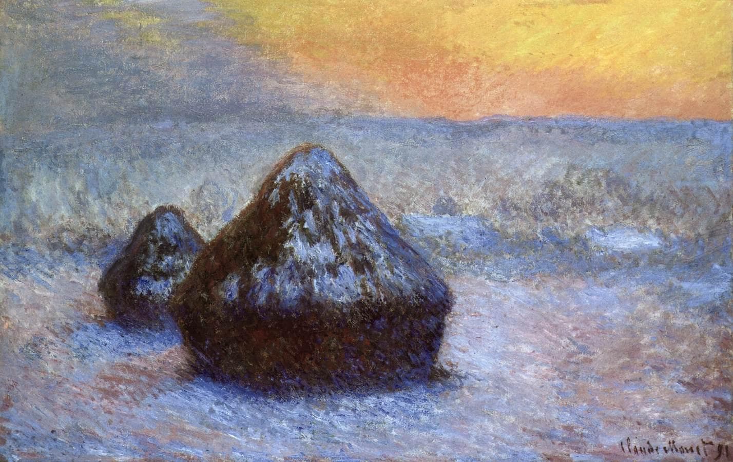 Two dark, snow-capped wheat stacks cast blue shadows across a violet snowy field beneath an orange and yellow sunset sky — Claude Monet, Stacks of Wheat, Sunset, Snow Effect, 1890–91