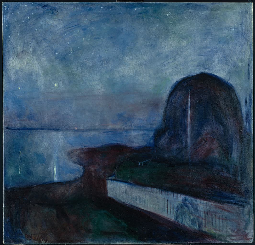 A dark mass of trees and a white fence overlook a curving shore and still blue water under a night sky with a few stars — Edvard Munch, Starry Night, 1893