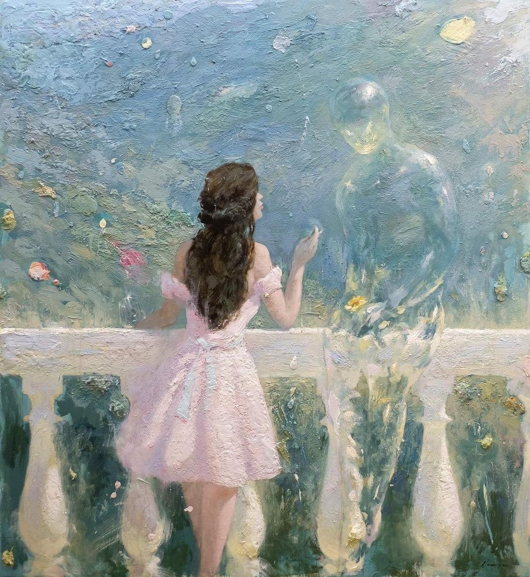 A girl in a pink dress stands at a white balustrade reaching toward a transparent, glassy man beside her against a textured blue sky full of floating shapes — Reynier Llanes, Stay, c. 2022